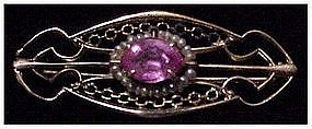 14K Art Nouveau seed pearl and pink topaz bar pin