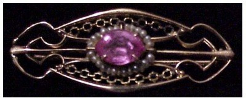 14K Art Nouveau seed pearl and pink topaz bar pin