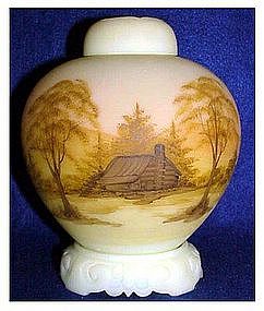 Fenton Log Cabin on Custard three piece ginger jar