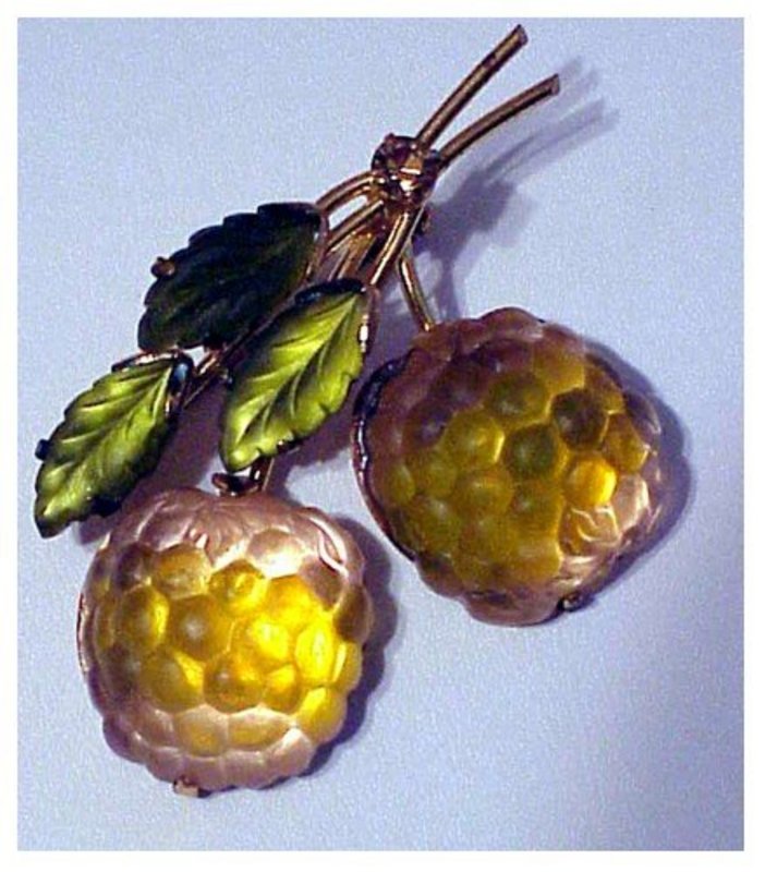 Austrian Fruit Berries pin with green glass gilt leaves
