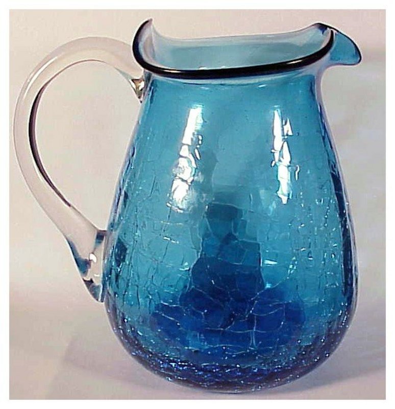 Crackle glass 5 1/4" blue pitcher (Pilgrim)