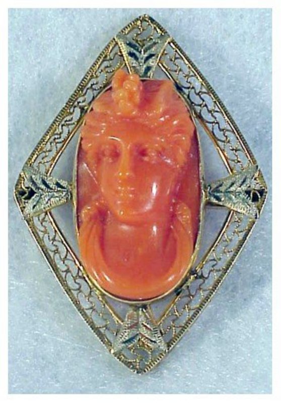 10K Victorian red coral cameo diamond shaped pin