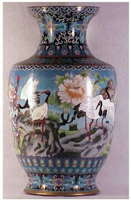 Cloisonne 15 1/4" vase, eight cranes, Chinese