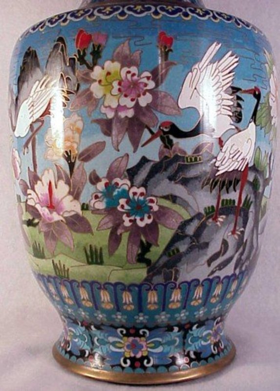 Cloisonne 15 1/4&quot; vase, eight cranes, Chinese