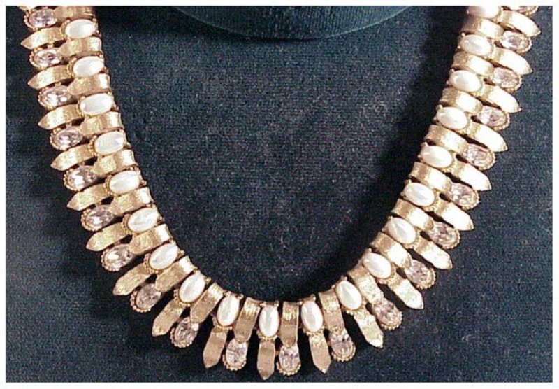 Trifari clear rhinestone faux pearl necklace