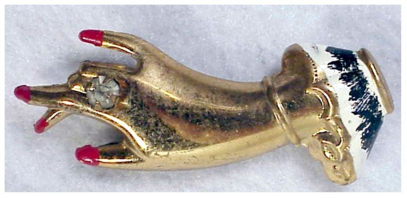 Lady's hand brooch, gold plated metal, enamel accents