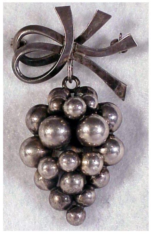 Sterling hanging grapes pin / brooch by Fogh, S. Char.
