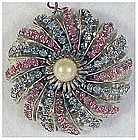 Hobe red & blue rhinestone pin with white pearl center