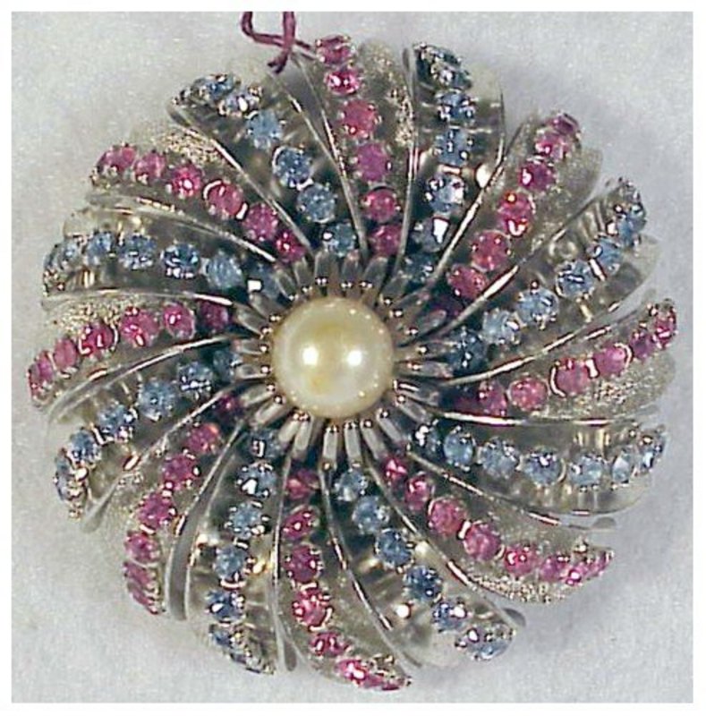 Hobe red & blue rhinestone pin with white pearl center