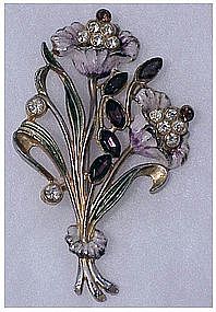 1940s Enamel & Rhinestone flower spray brooch / pin