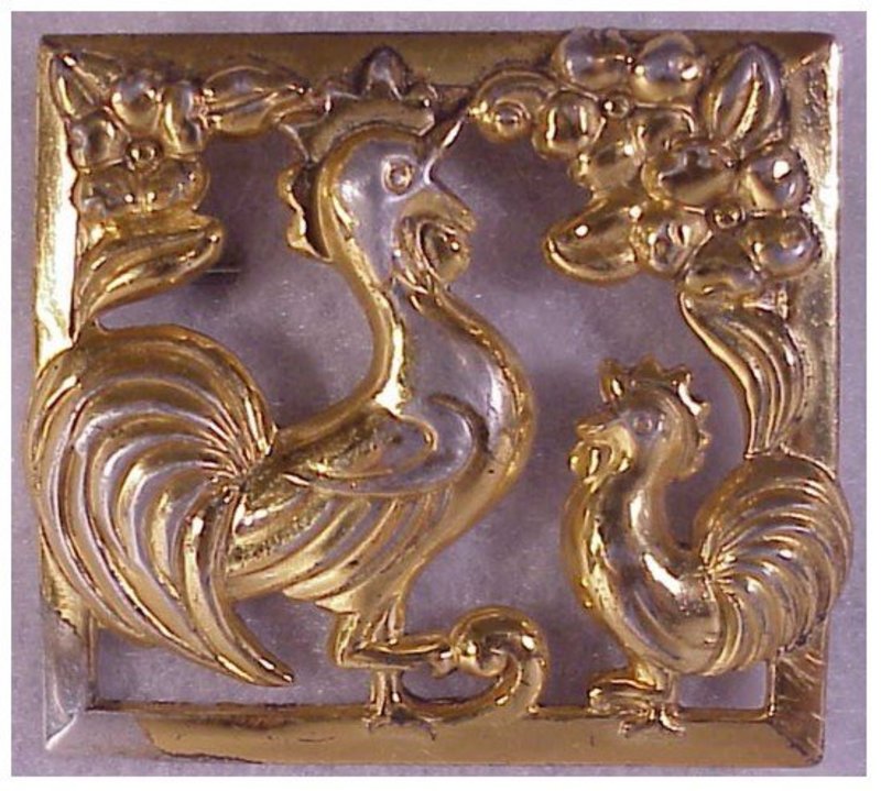 Coro A. Katz Sterling craft framed roosters brooch