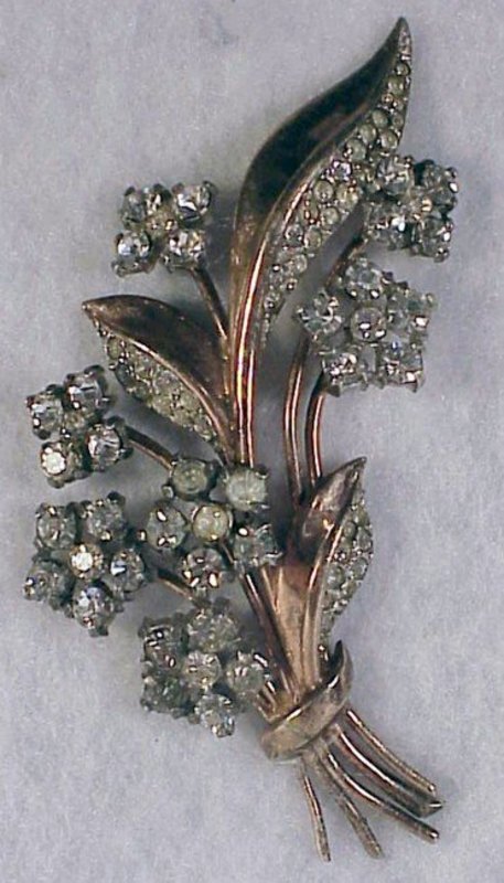 Sterling vermeil floral spray pin with white rhinestone