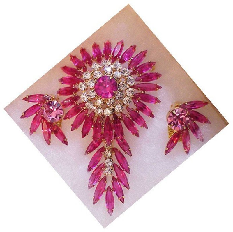 Juliana: pink navette rhinestone pin and earrings