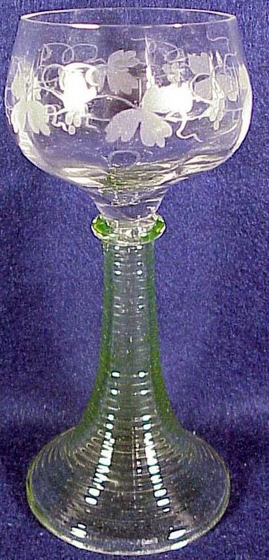 Bohemian etched art glass wine banded goblet  pre 1920s