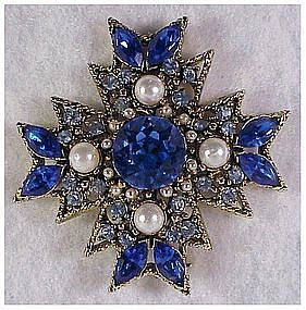 Maltese Cross pearls, blue rhinestones gold color