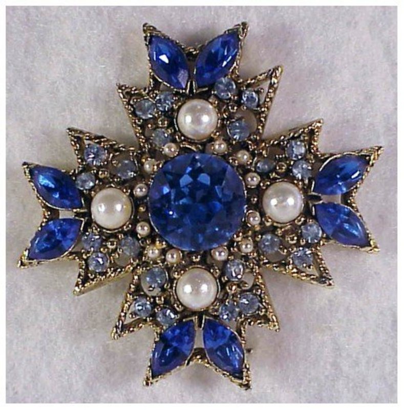 Maltese Cross pearls, blue rhinestones gold color