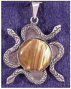 Mexican sterling tiger eye & serpent pendant-hallmarked