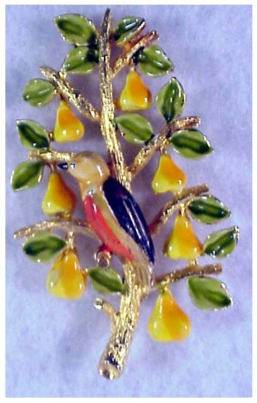 Cadoro "Patridge in a Pear Tree" enameled pin / brooch