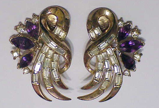Trifari crown purple & clear rhinestone earrings