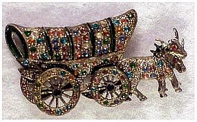 Enamel Rhinestone Covered Wagon & oxen pin with...