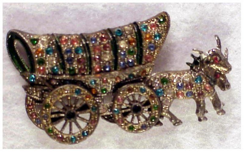 Enamel Rhinestone Covered Wagon &amp; oxen pin with...