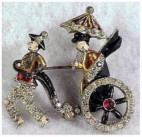 Rickshaw pot metal pin,enamel,moving wheels(DuJay?)1939