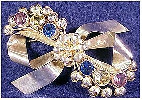 Hobe sterling bow pin  colored stones -3 1/4