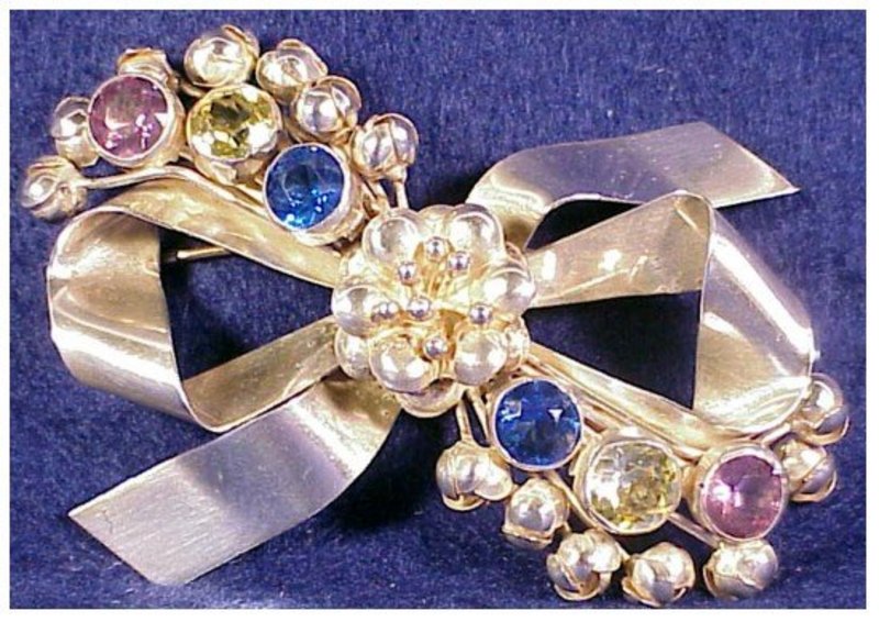 Hobe sterling bow pin  colored stones -3 1/4