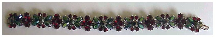 Trifari bracelet blue/green navettes,garnet red chatons