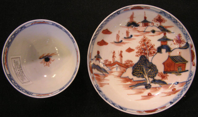 Lowestoft Teabowl and Saucer, Schoolhouse Pattern