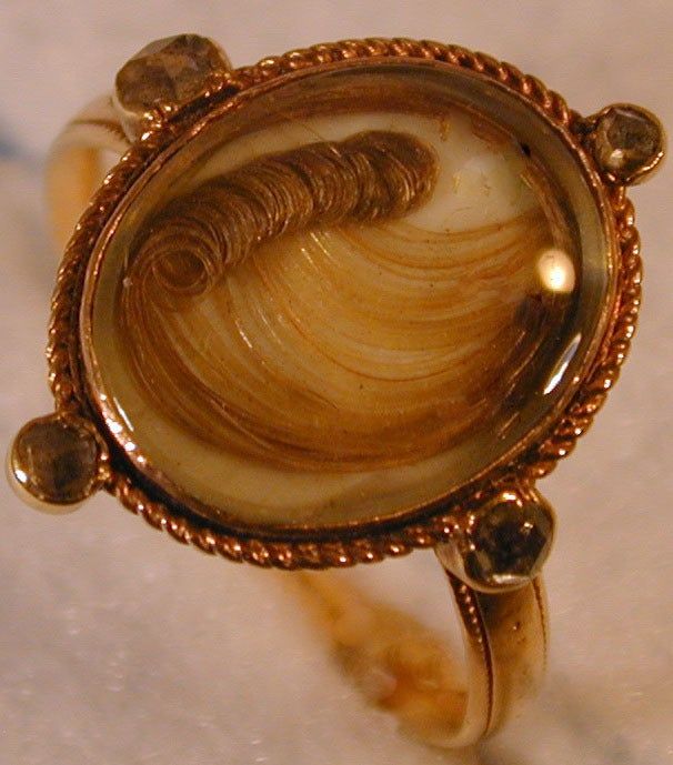 Ring, Memorial for &quot;John Hulman&quot; set with a hair curl
