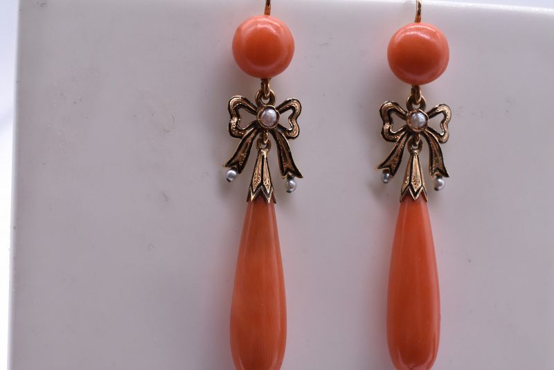 Coral Earrings with Pearls and Enamel Bow