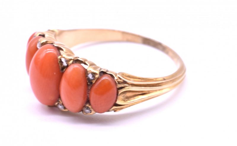 C1850 18K gold coral 5 stone ring  w diamond accents