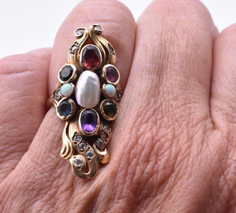 C1915 14K American Art Nouveau ring w gemstones and pearls