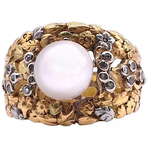C1920 18K 2 Color GOLD AND PLATINUM RING W PEARL AND DIAMONDS
