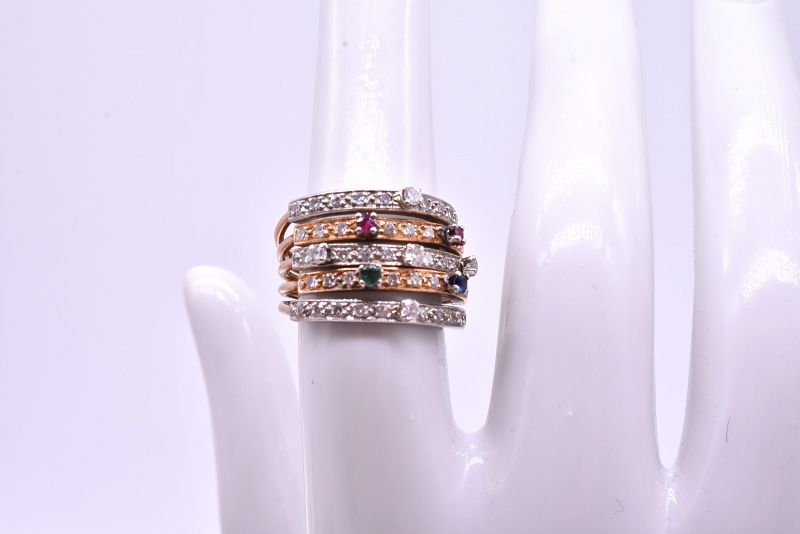 C1920 2 COLOR  WHITE AND YELLOW GOLD MULTI GEMSTONE HAREM RING