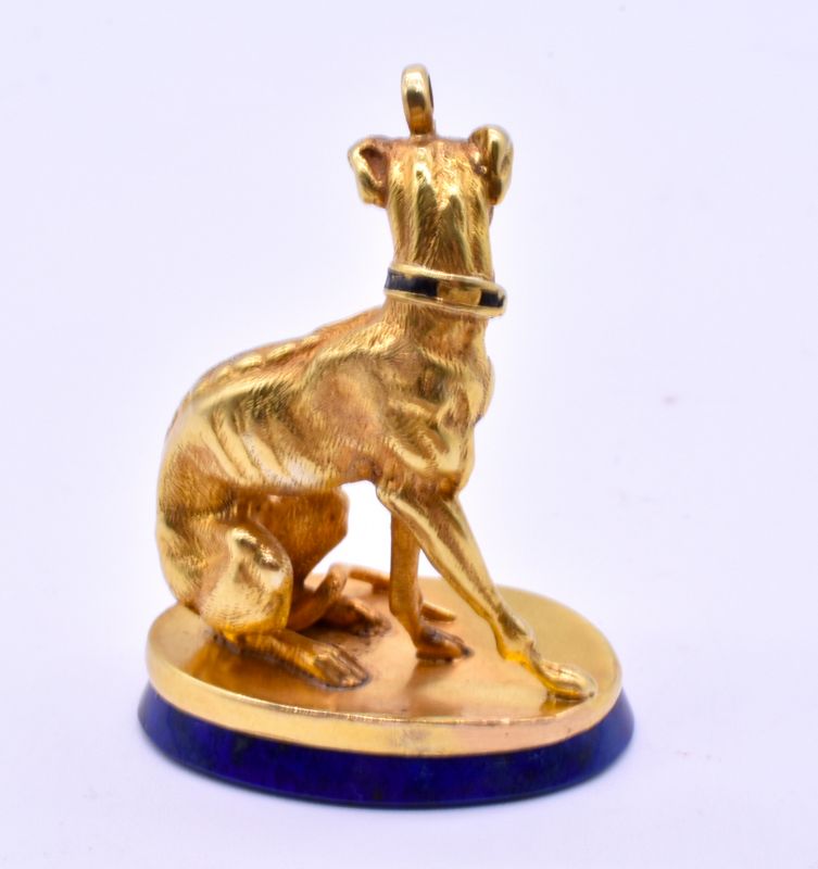 C1900 18K Gold and Lapis Watch Fob in the form of a greyhound