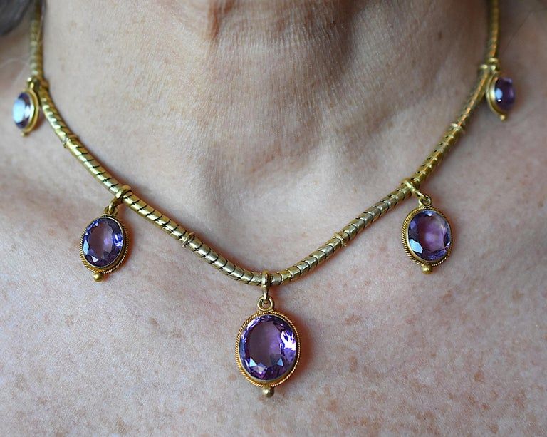 C1830 18 Karat Gold Slinky Necklace with Amethyst Drops