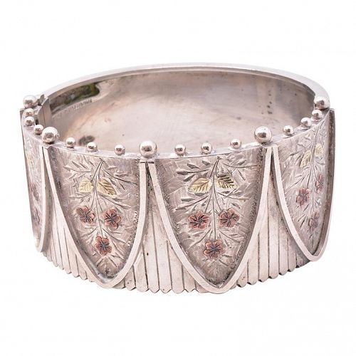 Silver Cuff Bracelet with 2 Color Gold Accents
