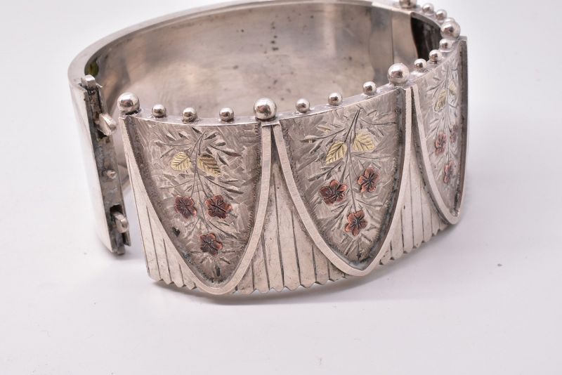 Silver Cuff Bracelet with 2 Color Gold Accents