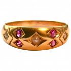 Gold Gypsy Ring with Rubies and Pearls