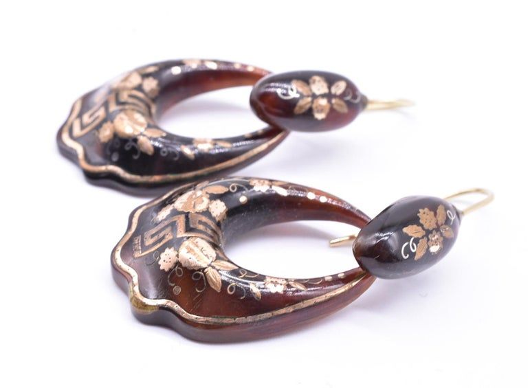 Pique Greek Key Hoop Earrings, circa 1870