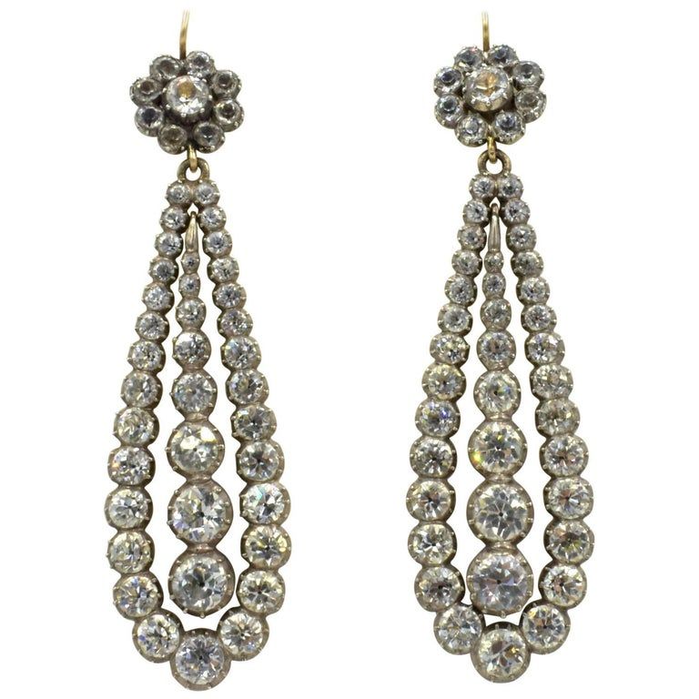 Antique Paste and Silver Long Drop Earrings