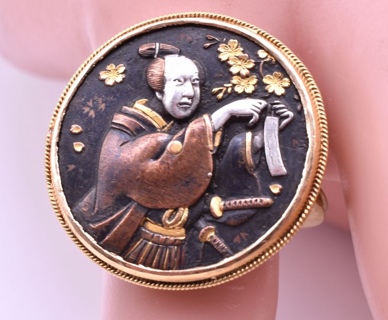 C1880 Shakudo Ring Depicting Japanese Warrior Making Wishes