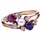 Diamond Sapphire, Ruby and Pearl Triple Band Ring