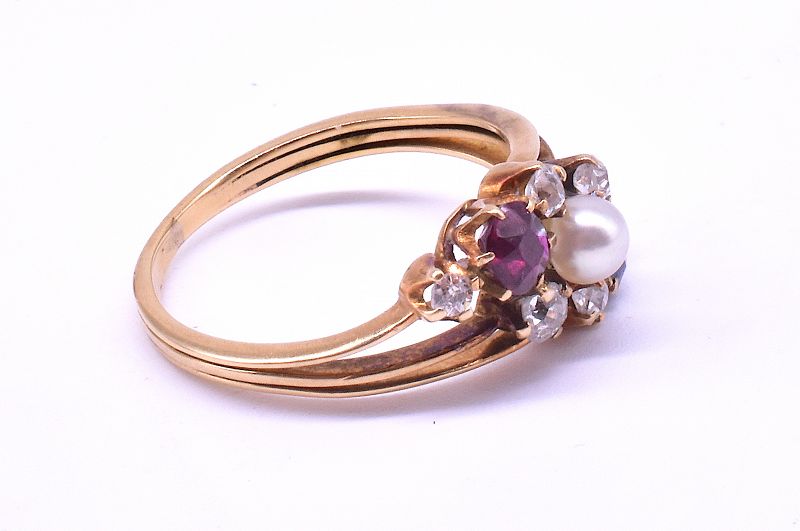 Diamond Sapphire, Ruby and Pearl Triple Band Ring