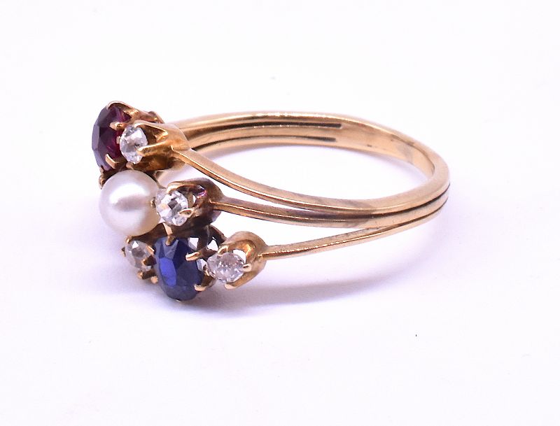 Diamond Sapphire, Ruby and Pearl Triple Band Ring