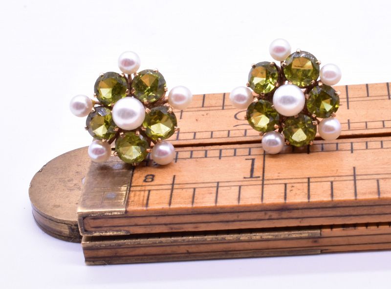 18K Mid Century Peridot &amp; Pearl Forget Me Not Style Earrings