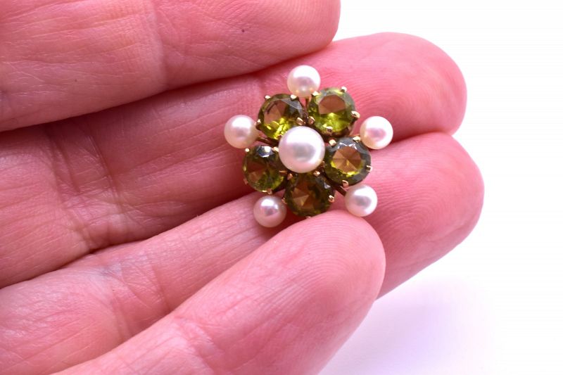 18K Mid Century Peridot &amp; Pearl Forget Me Not Style Earrings