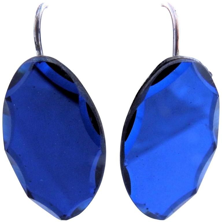 C. 1840 Blue Beveled Oval Earrings
